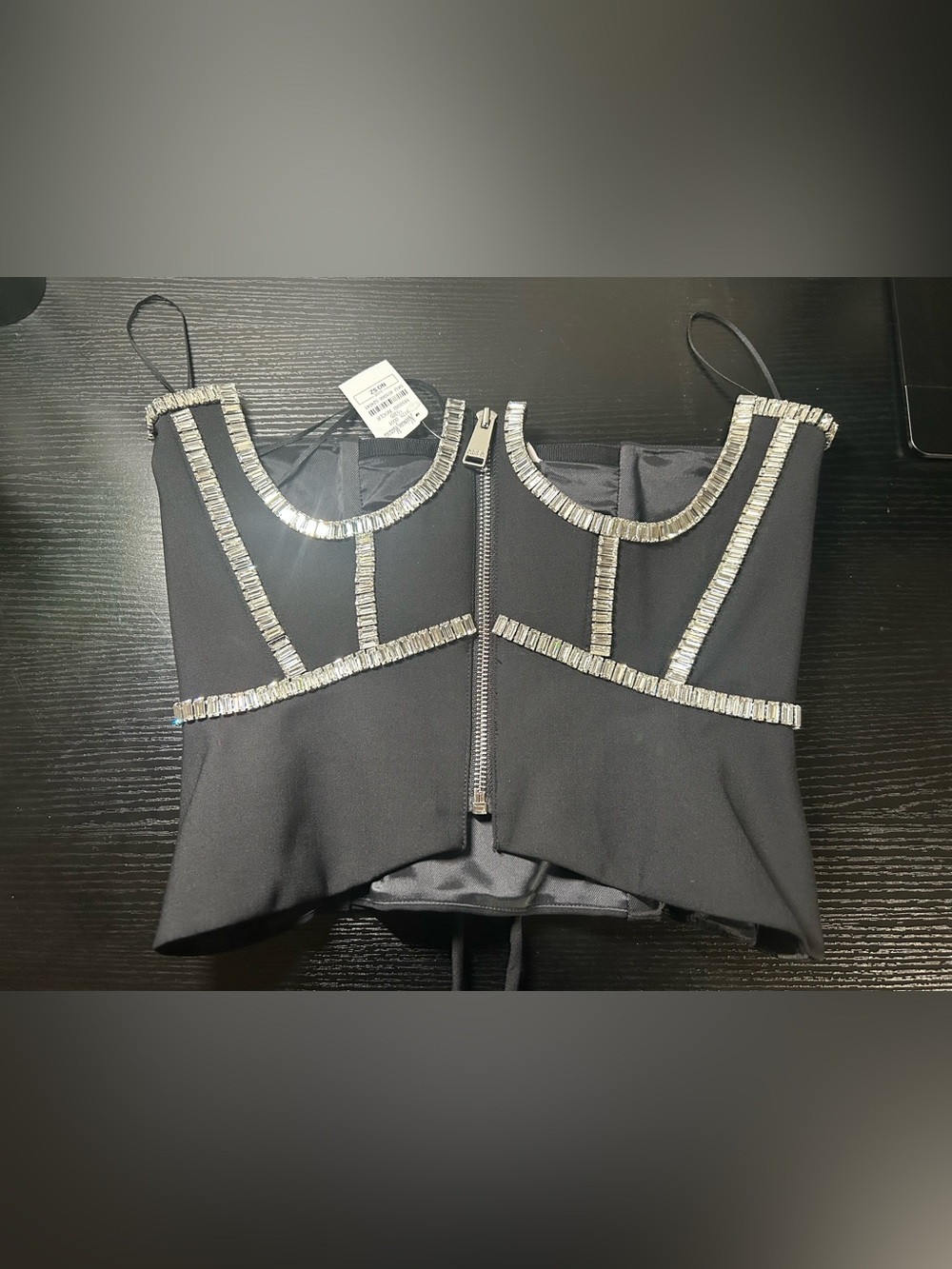 AREA Black Strapless Embellished Bustier with Silver Trim